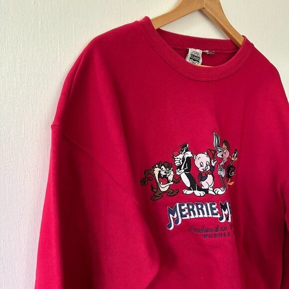 Looney Tunes Merrie Melodies Sweatshirt Womens Large Red Cartoon Crew Neck VTG - Picture 3 of 9